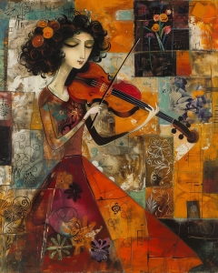 Woman Playing the Violin in a Patterned Dress
