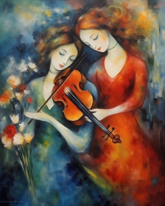 Dos mujeres con viol&iacute;n y flores