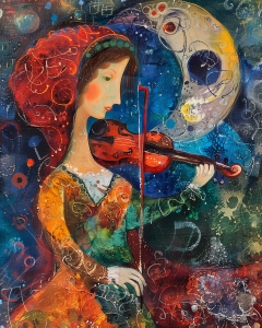Mujer tocando el viol&iacute;n bajo la luna
