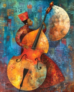 Musicien en rouge jouant de la contrebasse sous la lune