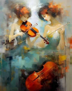 Due donne che suonano il violino con violoncello in basso