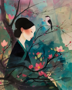 Frau zwischen Bl&uuml;ten mit Vogel