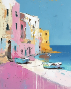 Village C&ocirc;tier Color&eacute; avec Bateaux