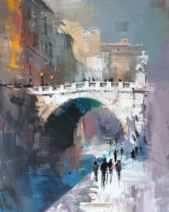 Pont avec Statue et Promeneurs Urbains