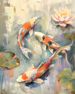 Tres Peces Koi y una Flor de Loto