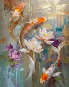 Trois Carpes Koi et Fleurs de Lotus &Eacute;panouies