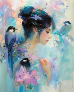 Mujer con P&aacute;jaros y Flores en Tonos Pastel
