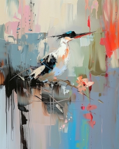 P&aacute;jaro posado entre colores abstractos y flores