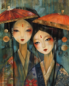 Zwei Frauen mit Roten Schirmen in Traditioneller Kleidung