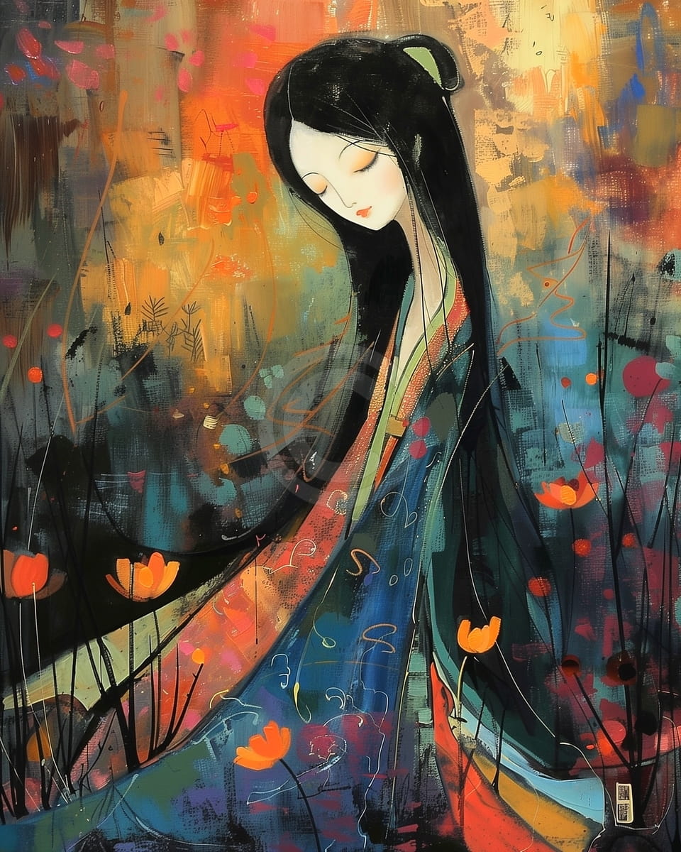 Frau im Kimono mit Blumen