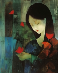 Mujer con flor roja en la mano