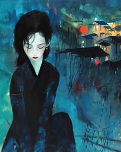 Femme en noir avec ville au crépuscule