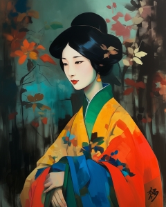 Femme en kimono traditionnel multicolore