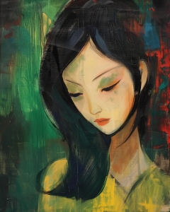 Donna con occhi abbassati nella luce verde