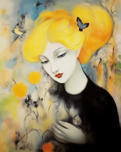 Donna con Capelli Gialli e Rose Arancioni