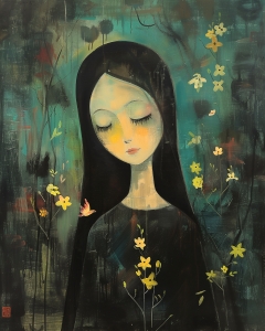 Girl with Closed Eyes and Yellow Flowers