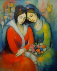 Dos mujeres con flores, sentadas juntas