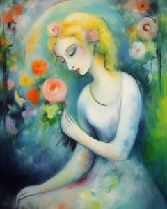 Femme blonde en robe blanche tenant des fleurs