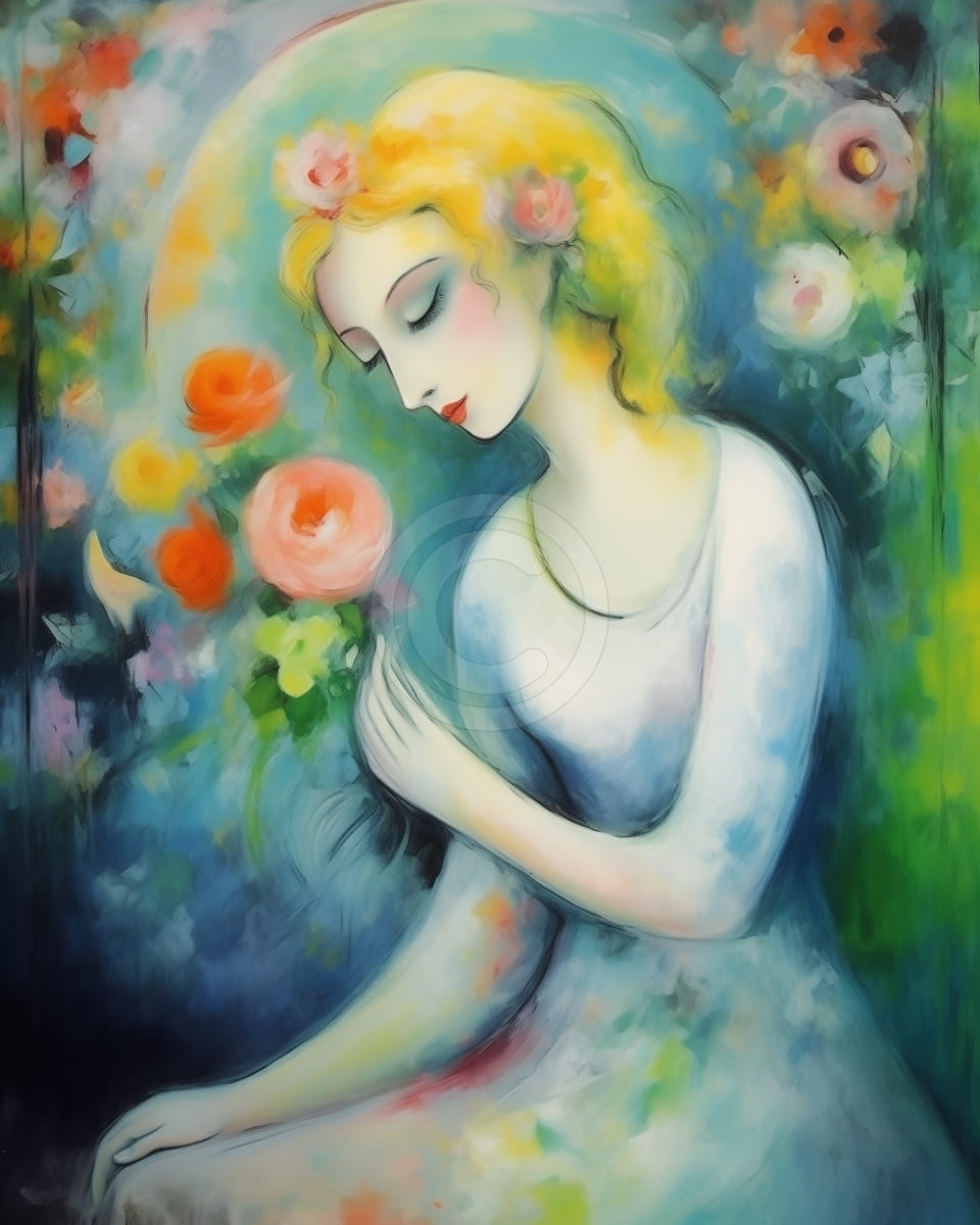 Femme blonde en robe blanche tenant des fleurs