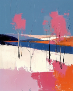 Paysage d'hiver abstrait avec arbres roses