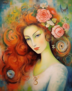 Woman with Red Hair and Roses in Her Hair