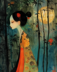 Mujer en kimono con luna y bamb&uacute;
