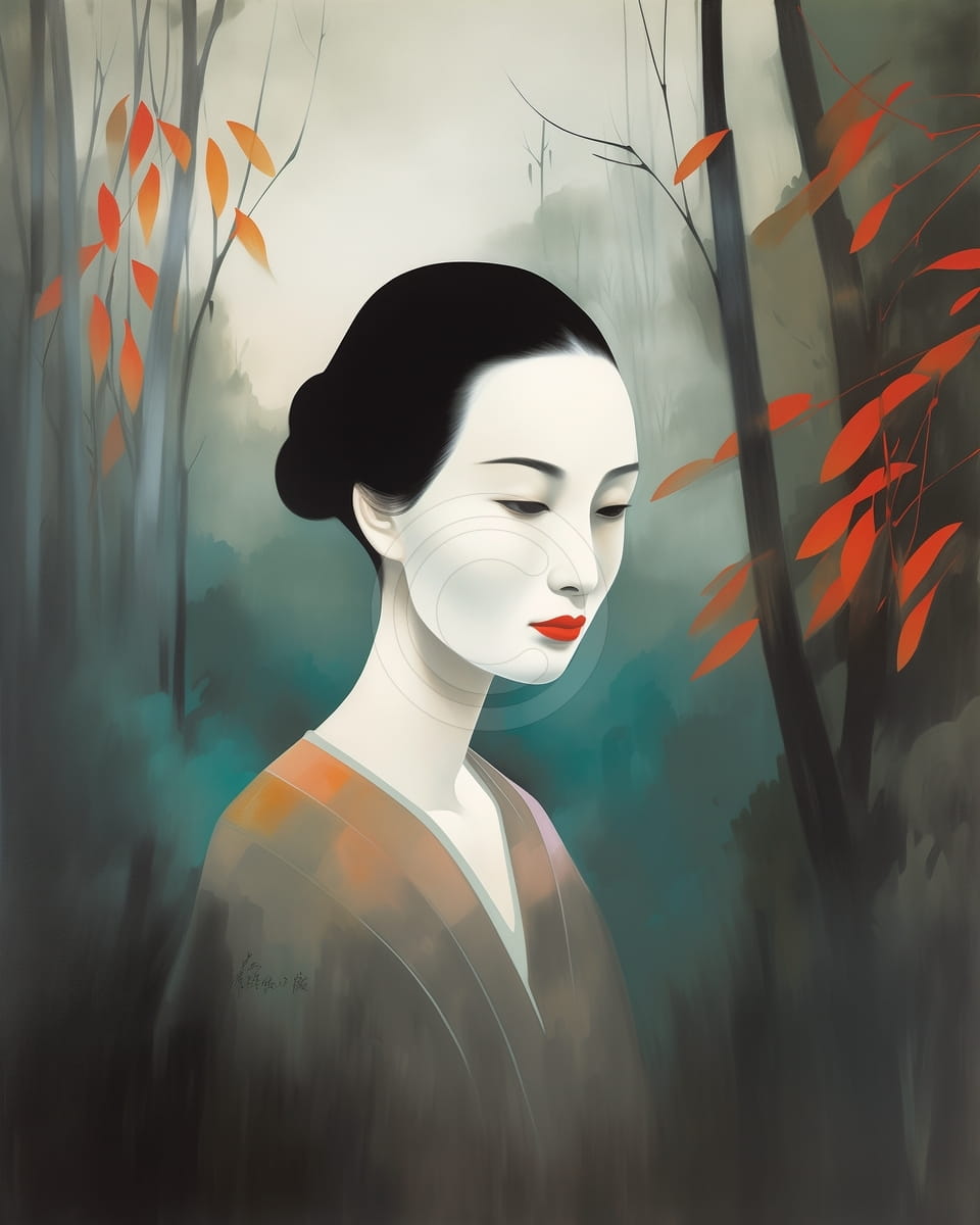 Frau im Kimono zwischen Herbstbäumen