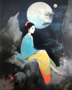 Femme en kimono bleu sous la pleine lune