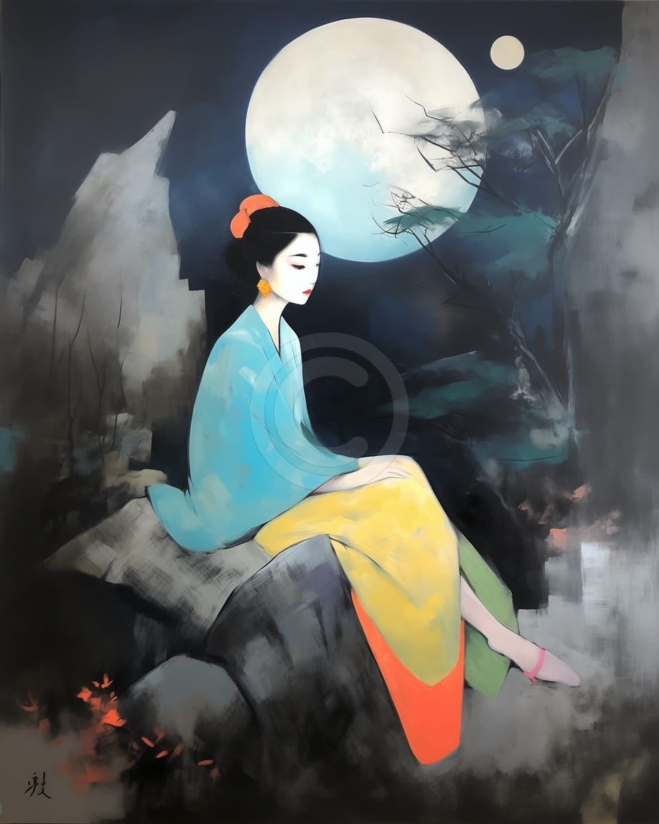 Frau im blauen Kimono unter dem Vollmond