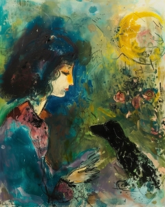 Mujer con perro negro y sol amarillo