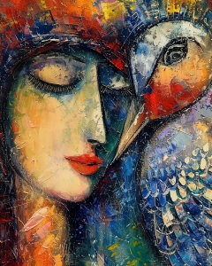 Femme avec perroquet en couleurs abstraites