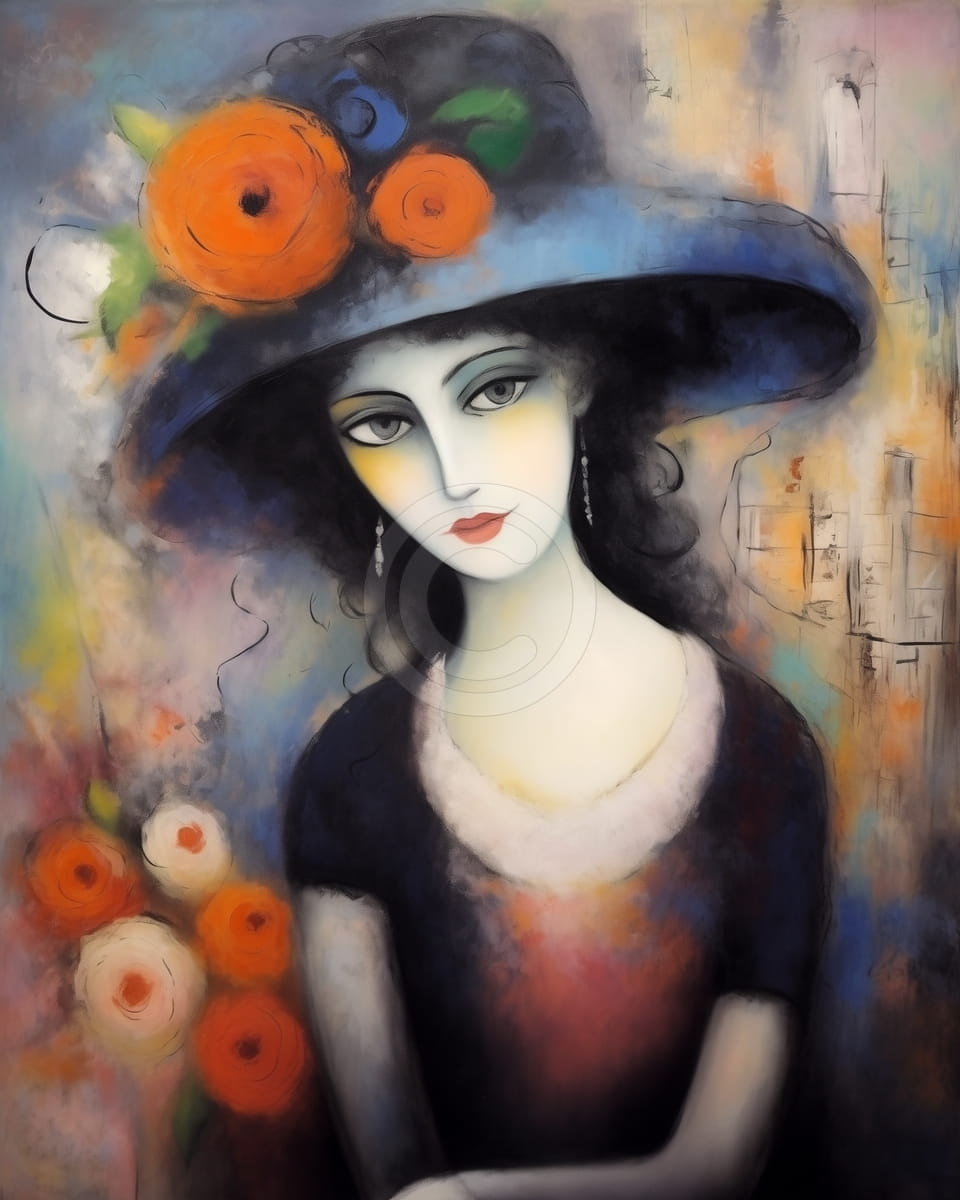 Femme au chapeau bleu avec fleurs orange