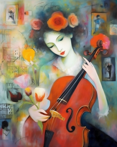 Femme avec violoncelle et couronne de fleurs