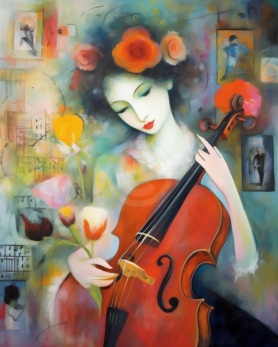 Femme avec violoncelle et couronne de fleurs