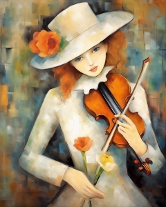 Mujer con sombrero blanco, viol&iacute;n y flores