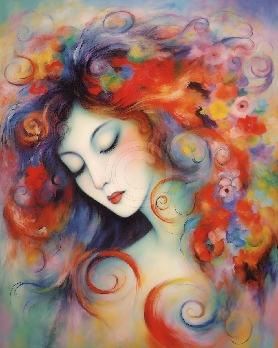 Femme aux cheveux flottants et fleurs colorées