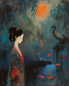 Femme avec grue sous la lune orange