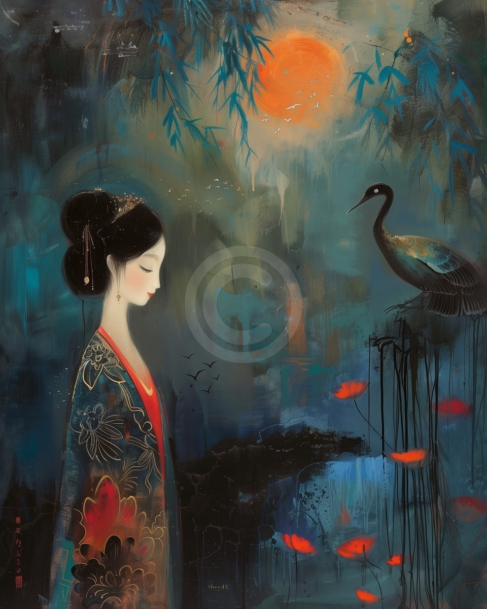 Femme avec grue sous la lune orange