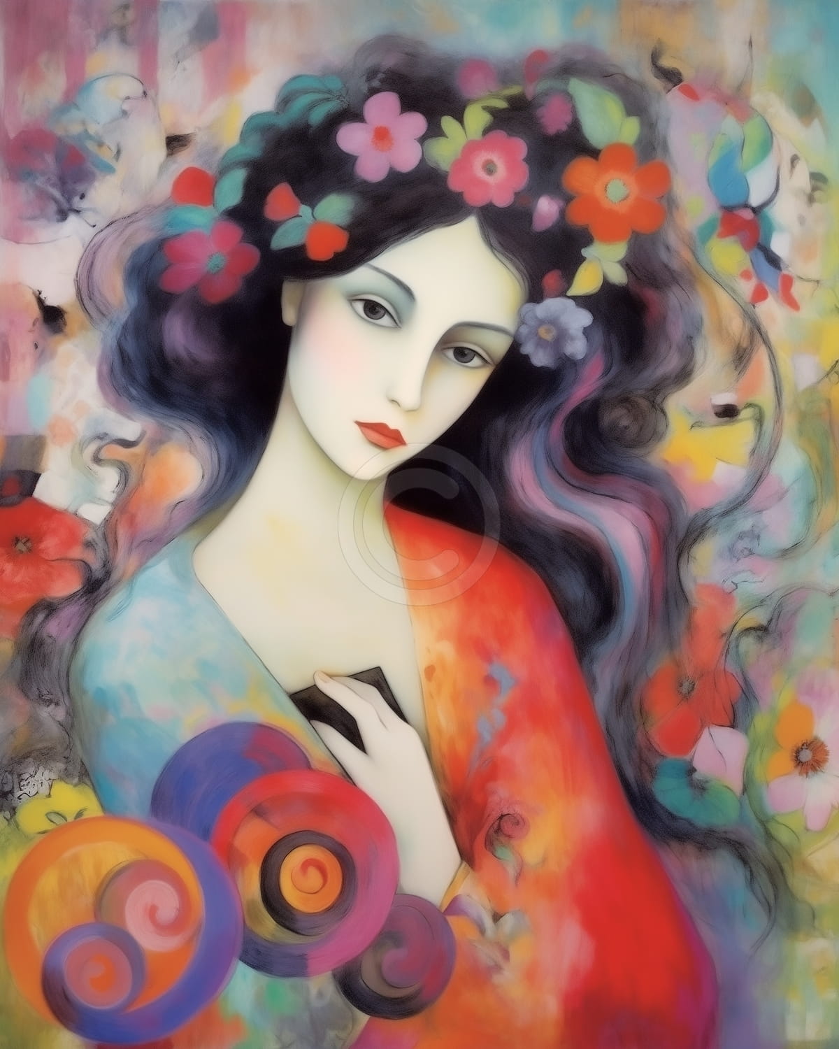 Frau mit Blumen im Haar und bunter Robe