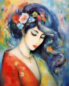 Donna con capelli blu e corona di fiori