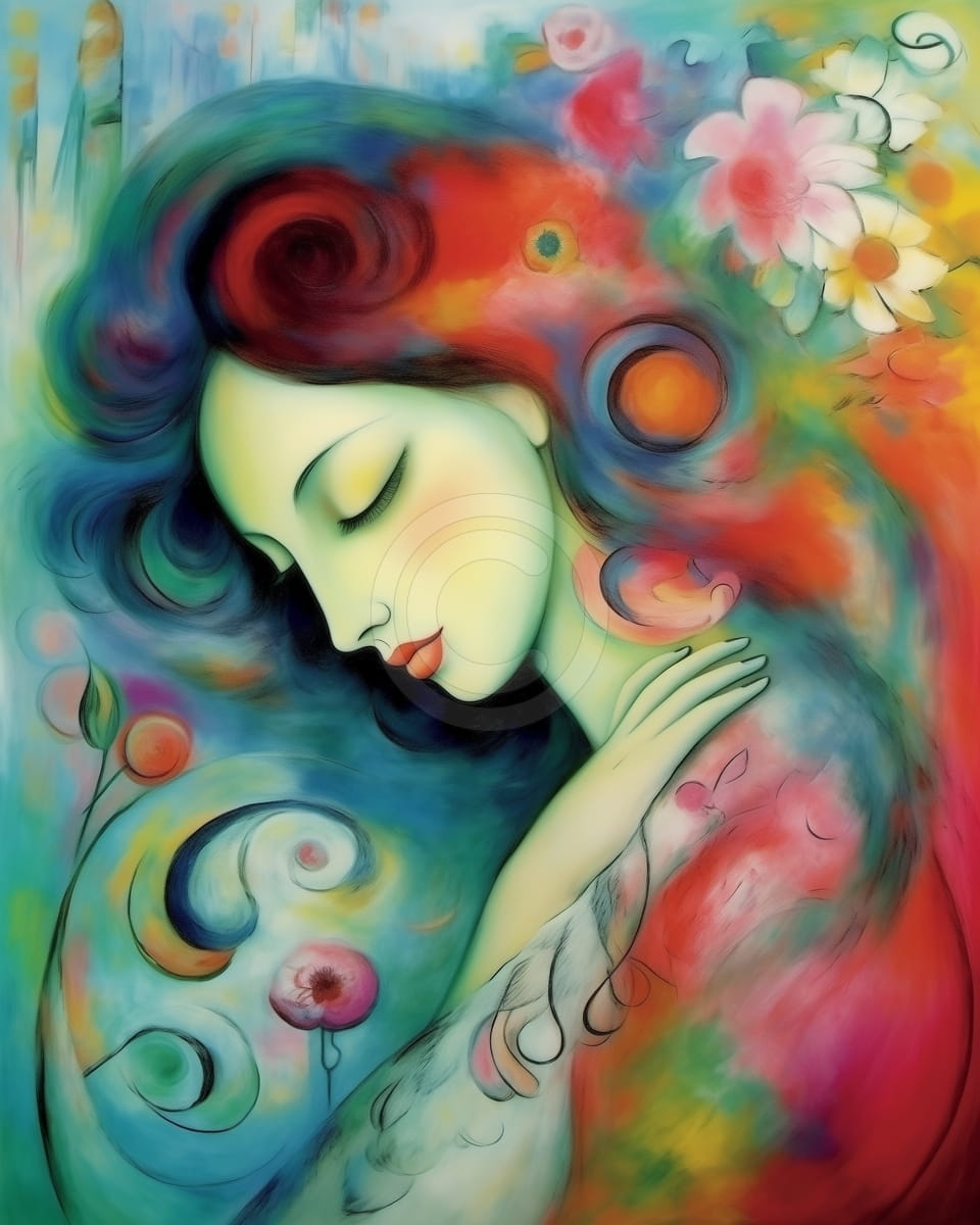 Femme avec la main sur l’épaule et fleurs colorées
