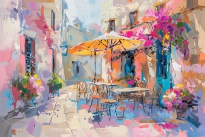 Buntes Stra&szlig;encaf&eacute; mit Sonnenschirmen