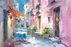 Ruelle color&eacute;e avec caf&eacute; et fleurs