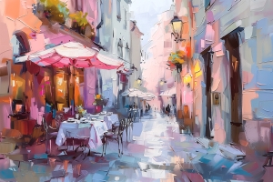 Abendcaf&eacute; in einer rosa Gasse