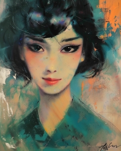 Portr&auml;t einer Frau mit kurzen Haaren und gr&uuml;nem Kimono