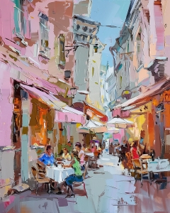 Calle de caf&eacute; animada bajo la luz del verano
