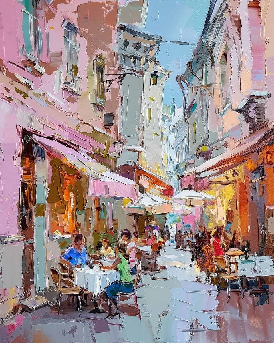 Calle de café animada bajo la luz del verano