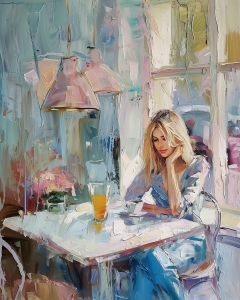 Donna in blu al tavolo del caff&egrave;