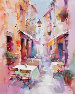 Rue ensoleill&eacute;e avec tables en terrasse et fleurs