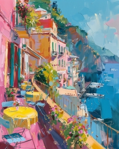 Balcone costiero con tavoli gialli